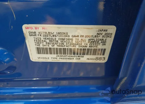 2010 Mitsubishi Lancer Es from USA, damaged, VIN JA32U2FU2AU019032